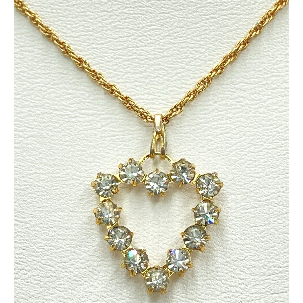 Vintage Style Heart Rhinestone Necklace 18in Gold Tone Rope Chain Fashion